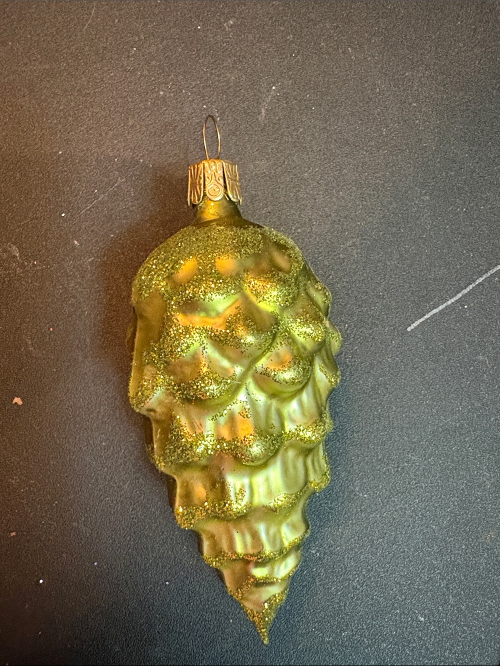 Vintage Inge Glas Germany Green Gold Glistening Pinecone Glass Ornament